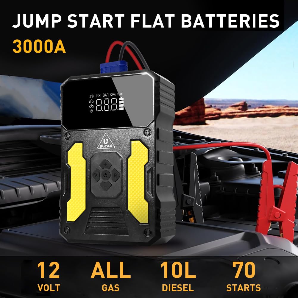 Car Jump Starter with Air Compressor - Battery Jumper Starter Portable with Air Compressor 3000A Jump Pack(All Gas/10L Diesel),20000mAh 150PSI 12V Tire Inflator with Digital Display, 3 Modes LED Light