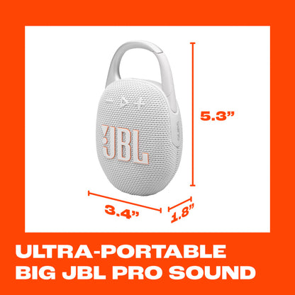 JBL Clip 5 - Ultra-Portable, Waterproof & Dustproof Bluetooth Speaker, Big JBL Pro Sound with Punchy bass, Integrated Carabiner, Up to 12 Hours of Play, Made in Part with Recycled Materials (White)