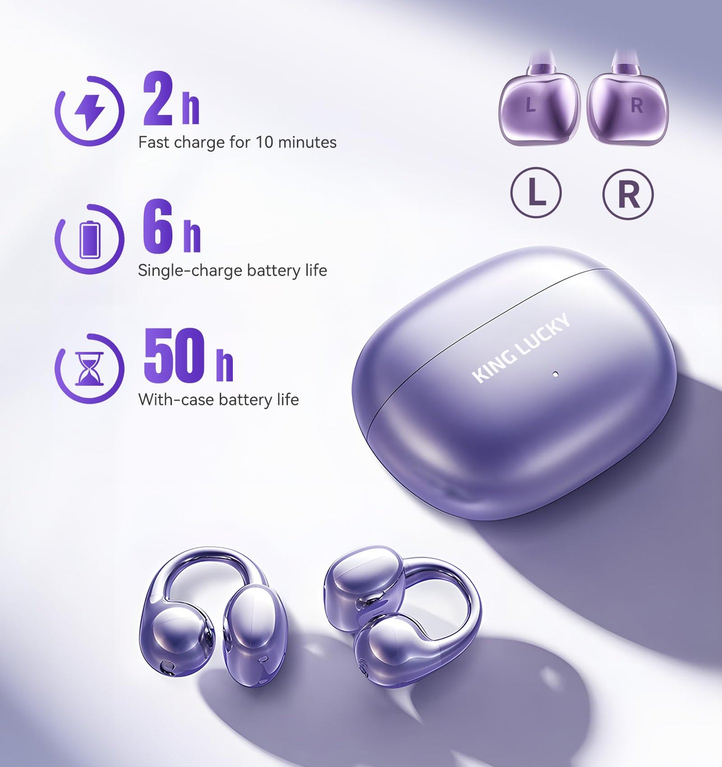 King Lucky Clip on Earbuds Open Ear Wireless Bluetooth 5.4 Headphones with Mic,50H Play,Noise Cancelling,Waterproof,Sports Ear Buds,Comfortable for Small Ears & Glasses Wearers,Workouts (Purple)