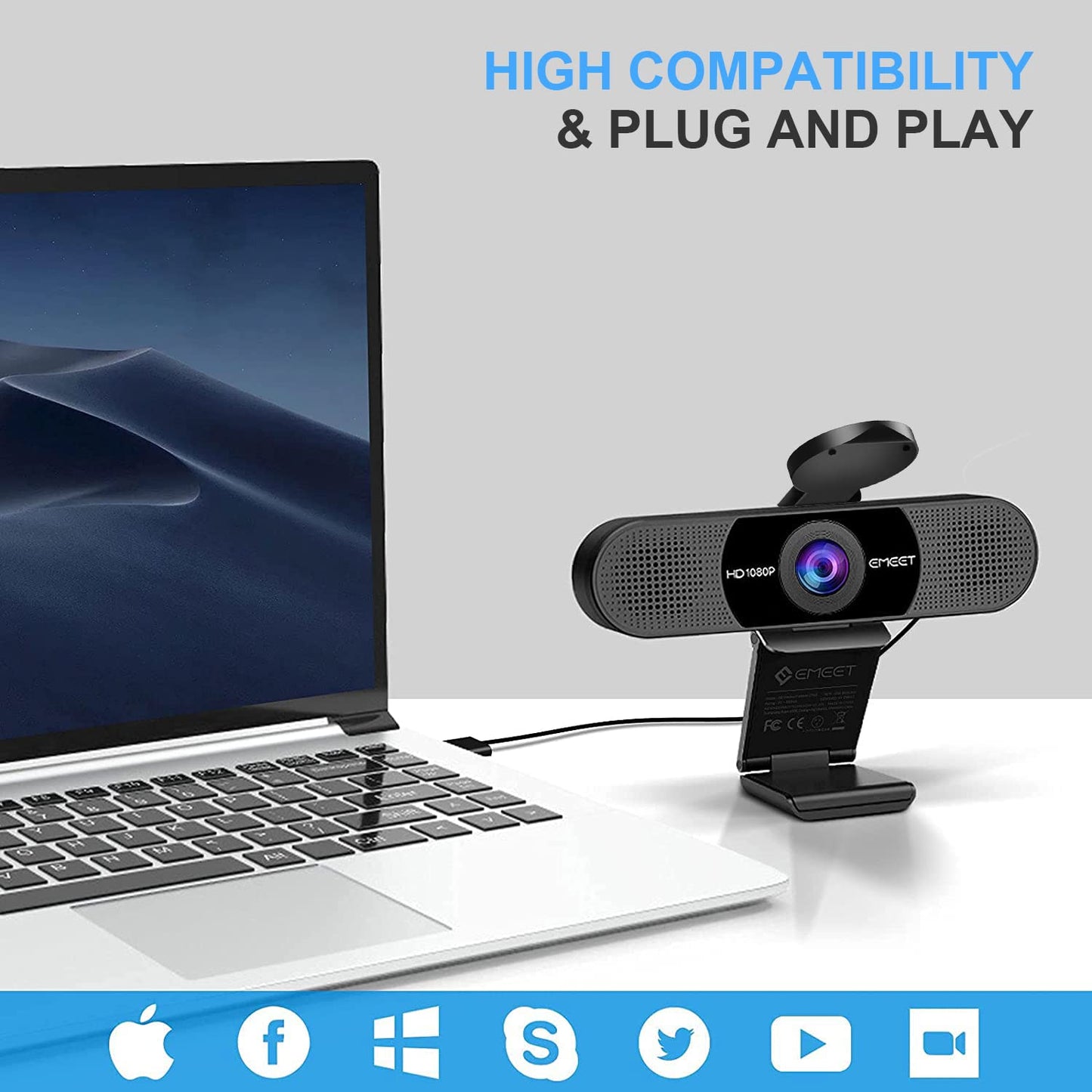 EMEET 1080P Webcam with Microphone, C960 Web Camera, 2 Mics Streaming Webcam, 90°FOV Computer Camera, Plug and Play USB Webcam for Online Calling/Conferencing, Zoom/Skype/Facetime/YouTube, Laptop/PC