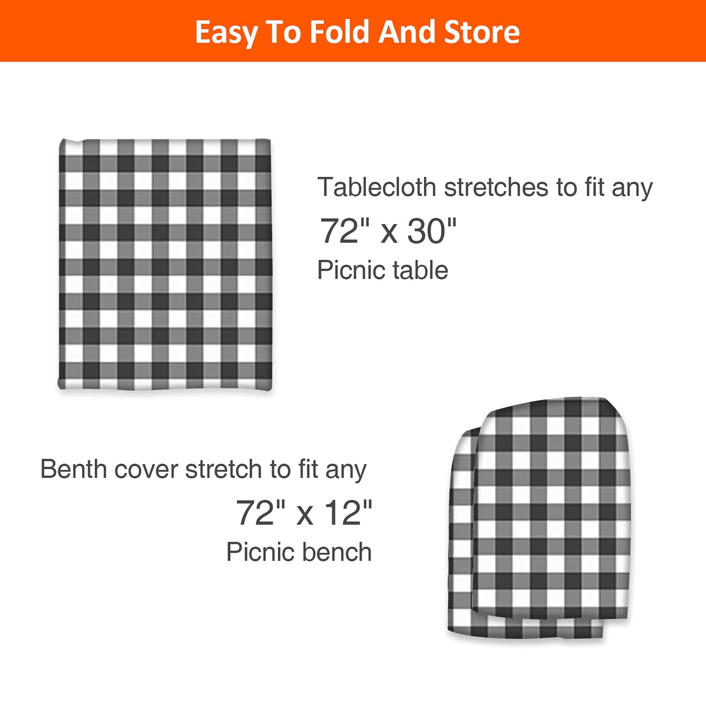 KENOBEE Picnic Table and Bench Fitted Tablecloth Cover, 3-Piece Set, Flannel Backing Elastic Edge Waterproof Wipeable Plastic Cover Vinyl Tablecloth for Home Goods Indoor Outdoor Patio, Black-White