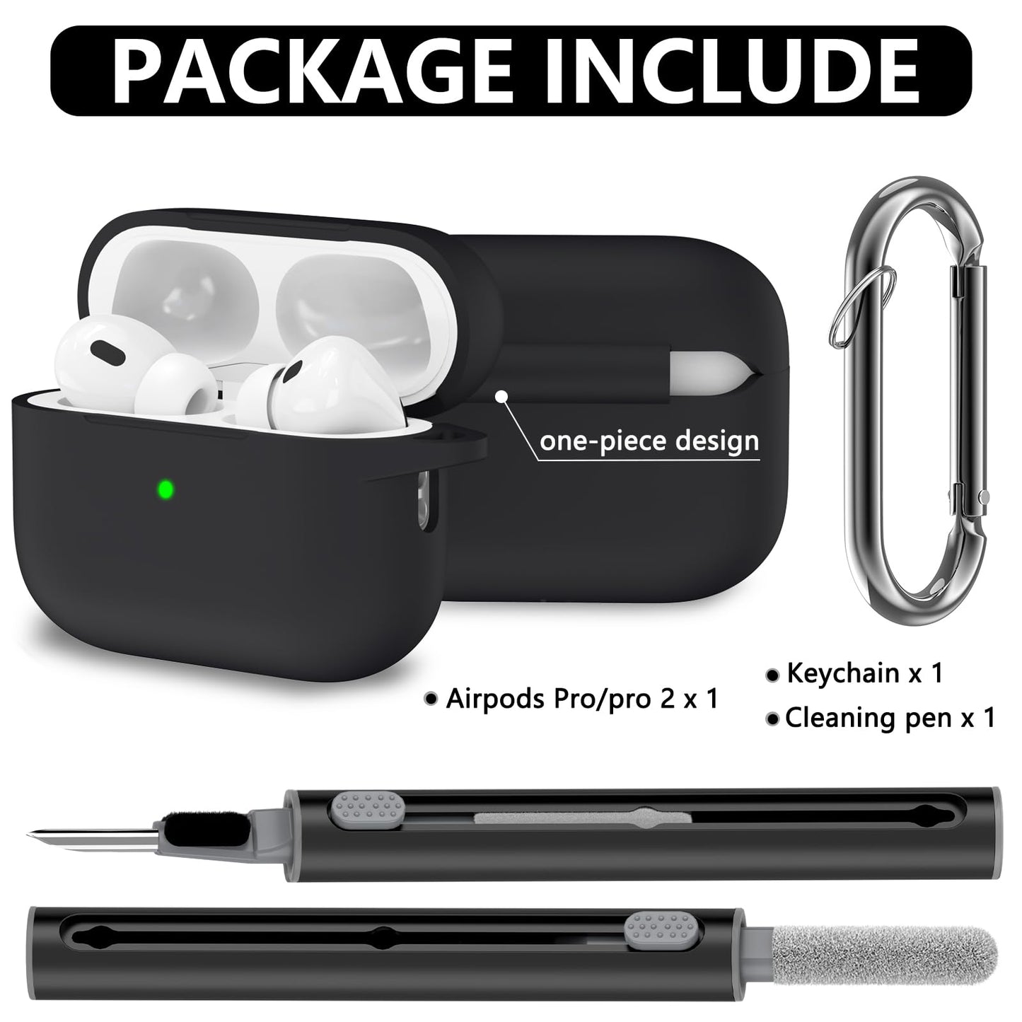 Ljusmicker AirPods Pro Case Cover with Cleaner Kit,Soft Silicone Protective Case for Apple AirPod Pro 2nd/1st Generation Case for Women Men,AirPods Pro 2/Pro Case Accessories with Keychain-Black