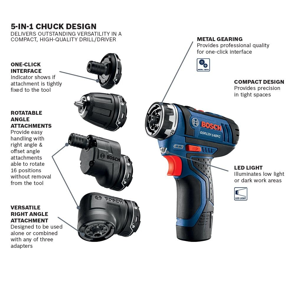 BOSCH 12V Max Cordless Power Drill Driver Kit with 5-In-1 Flexiclick System Multi-Head Drill Set with (2) 2 Ah Batteries (GSR12V-140FCB22)