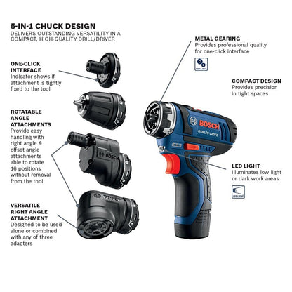 BOSCH 12V Max Cordless Power Drill Driver Kit with 5-In-1 Flexiclick System Multi-Head Drill Set with (2) 2 Ah Batteries (GSR12V-140FCB22)