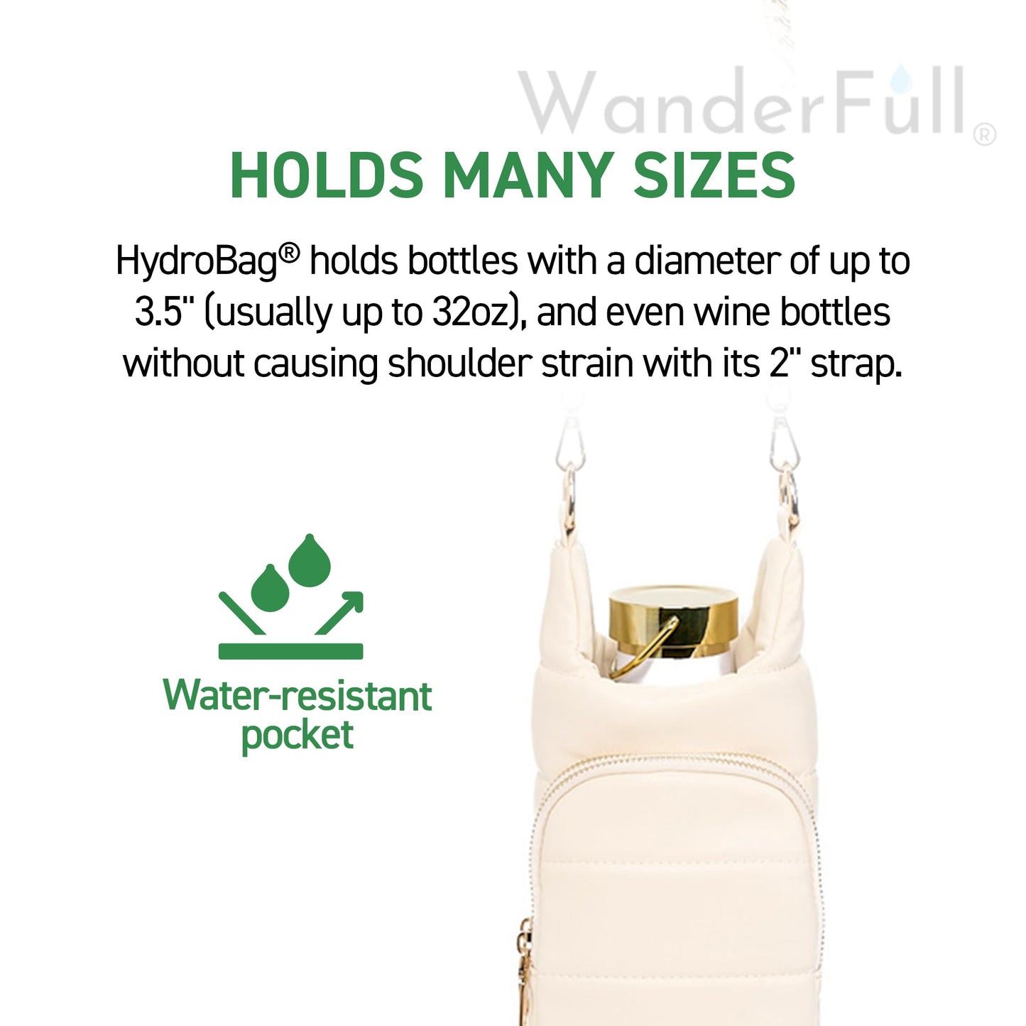 WanderFull Original HydroBag | Oprah’s Favorite Things 2024 | Vegan Leather Water Bottle Holder w/Strap Bundle | Bottle Carrier Crossbody Bag | Carry 32 oz Water Bottle, Tumbler, Phone, Purse | Ivory