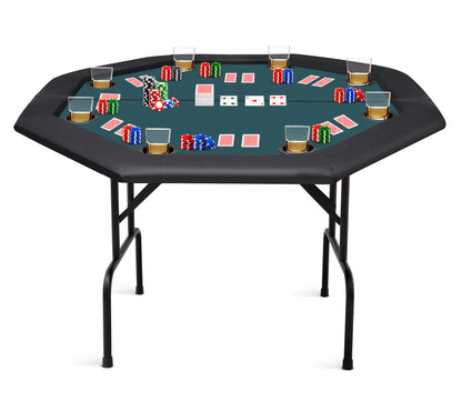 ZivPlay Poker Table Foldable 8 Player Octagon Texas Holdem Table with Folding Legs Casino Grade Felt Water Resistant Cushioned Armrest and 8 Cup Holders for Playing Card Game Gambling 48 Inch Green