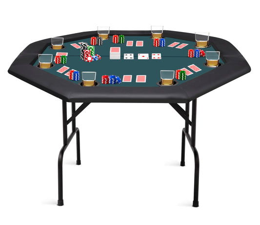 ZivPlay Poker Table Foldable 8 Player Octagon Texas Holdem Table with Folding Legs Casino Grade Felt Water Resistant Cushioned Armrest and 8 Cup Holders for Playing Card Game Gambling 48 Inch Green