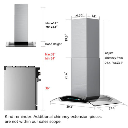 IKTCH Upgrated 30 inch Island Mount Range Hood, 900 CFM Ducted Range Hood with 4 Speed Fan, Stainless Steel& Tempered Glass with Gesture Sensing&Touch Control Making life Smarter IKIS01-30