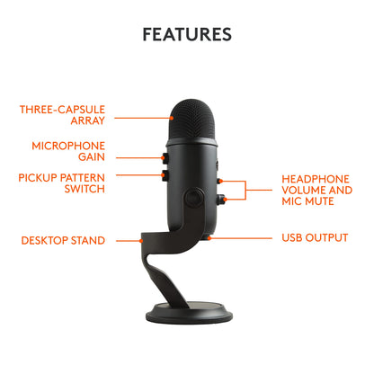 Logitech for Creators Blue Yeti USB Microphone for Gaming, Streaming, Podcast, YouTube, Discord, PC, Studio Sound, Plug & Play-Blackout