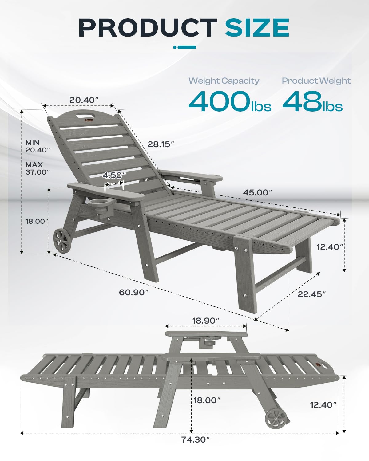 Lounge Chair Outdoor, Oversized Chaise Lounge Chair with 5 Positions, HDPE, Patio Lounge Chair with Wheels & Cup Holder for Pool, Deck, Poolside, Grey
