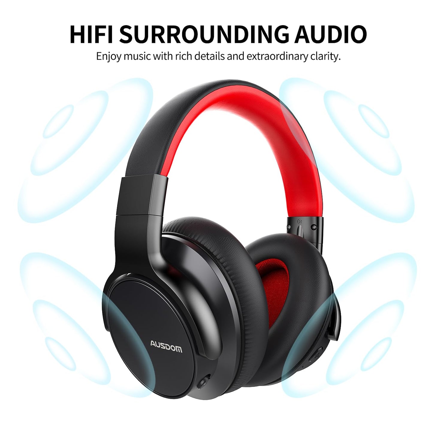 AUSDOM Bluetooth Noise Cancelling Headphones: E7 Wireless Over Ear ANC Headphones with Microphone, 50H Playtime, Hi-Fi Stereo Sound, Comfortable Earpads for Travel Work Adults, Black Red