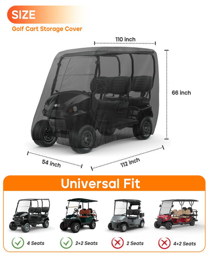 Golf Cart Cover 4 Passenger Heavy Duty, 420D Waterproof Golf Cart Covers Extended Roof Compatible with EZ GO Club Car Yamaha Golf Carts, Outdoor Dustproof 4 Seat Club Car Cover (Up to 112 Inch)
