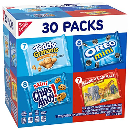 Nabisco Team Favorites Variety Pack, OREO Mini, CHIPS AHOY! Mini, Teddy Grahams Honey & Barnum's Animal Crackers, School Snacks, 30 Snack Packs