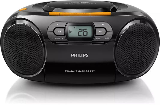 Philips Portable CD Player Boombox - Portable MP3 Player and Cassette Tape Player, Boom Box Compact Stereo Sound System with Dynamic Bass Boost, Take Your Music Outside with USB HiFi Music Player