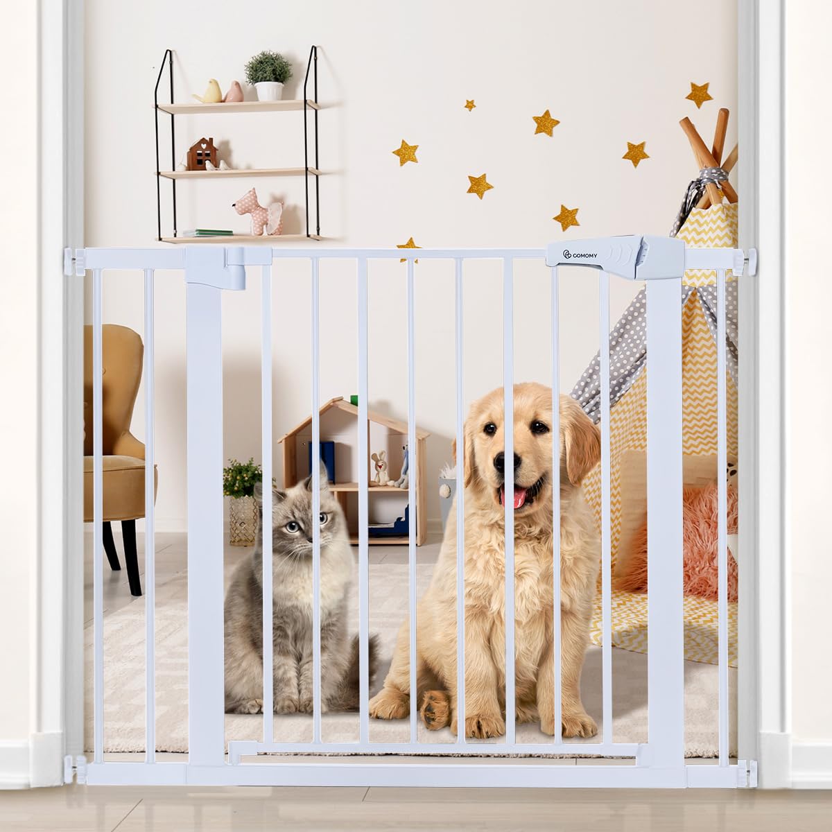 COMOMY 29.5-40.5" Extra Wide Baby Gate, Auto Close Dog Gate for House Doorways Stairs, Pressure Mounted Easy Walk Thru Pet Gate Safety Child Gate, includes 4 Wall Cups and 2 Extension Pieces, White