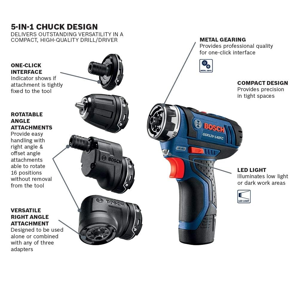 BOSCH 12V Max Cordless Power Drill Driver Kit with 5-In-1 Flexiclick System Multi-Head Drill Set with (2) 2 Ah Batteries (GSR12V-140FCB22)