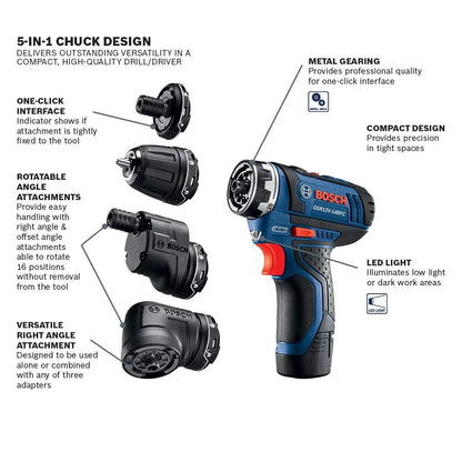 BOSCH 12V Max Cordless Power Drill Driver Kit with 5-In-1 Flexiclick System Multi-Head Drill Set with (2) 2 Ah Batteries (GSR12V-140FCB22)