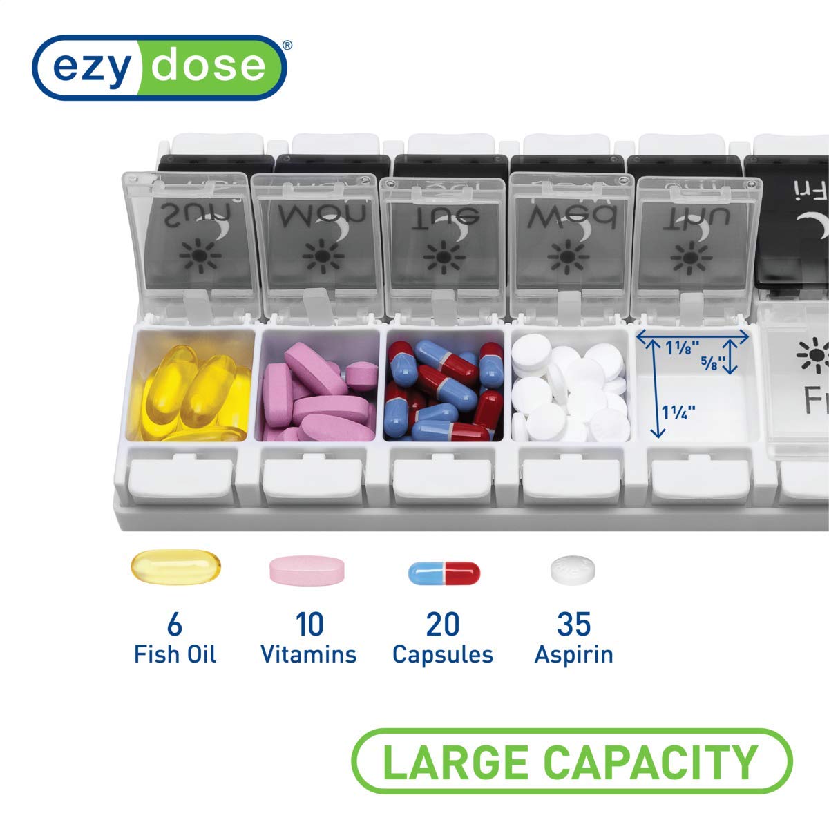 EZY DOSE Push Button (7-Day) Pill Case, Medicine Planner, Vitamin Organizer, 2 Times a Day AM/PM, Removeabale Trays, Large Compartments, Arthritis Friendly, Black and White Lids, BPA Free