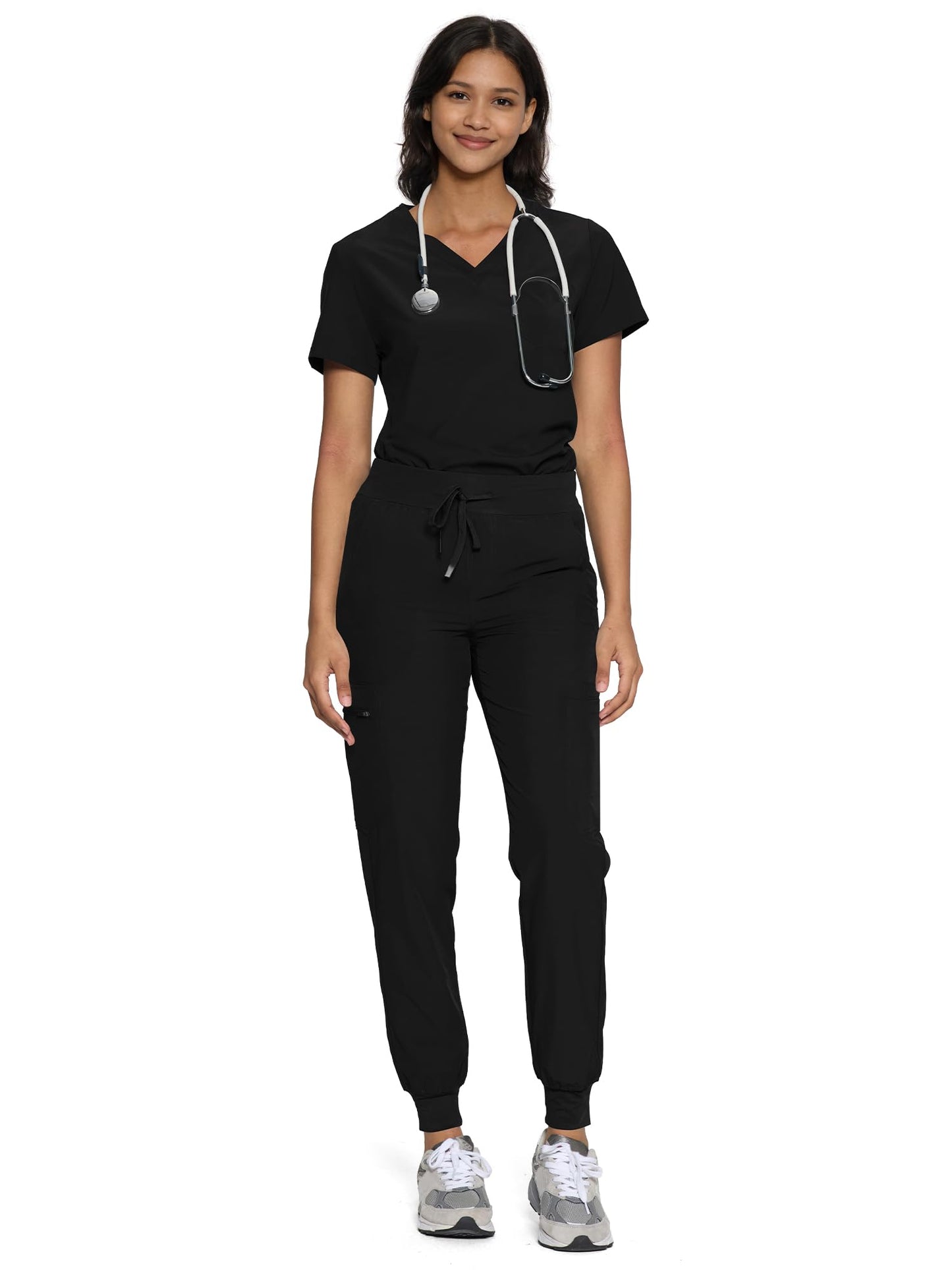 floralhue Scrubs for Women, Women's Medical Scrub Sets, V-Neck Scrubs Top & Cargo Pants with 12 Pockets, Black, M