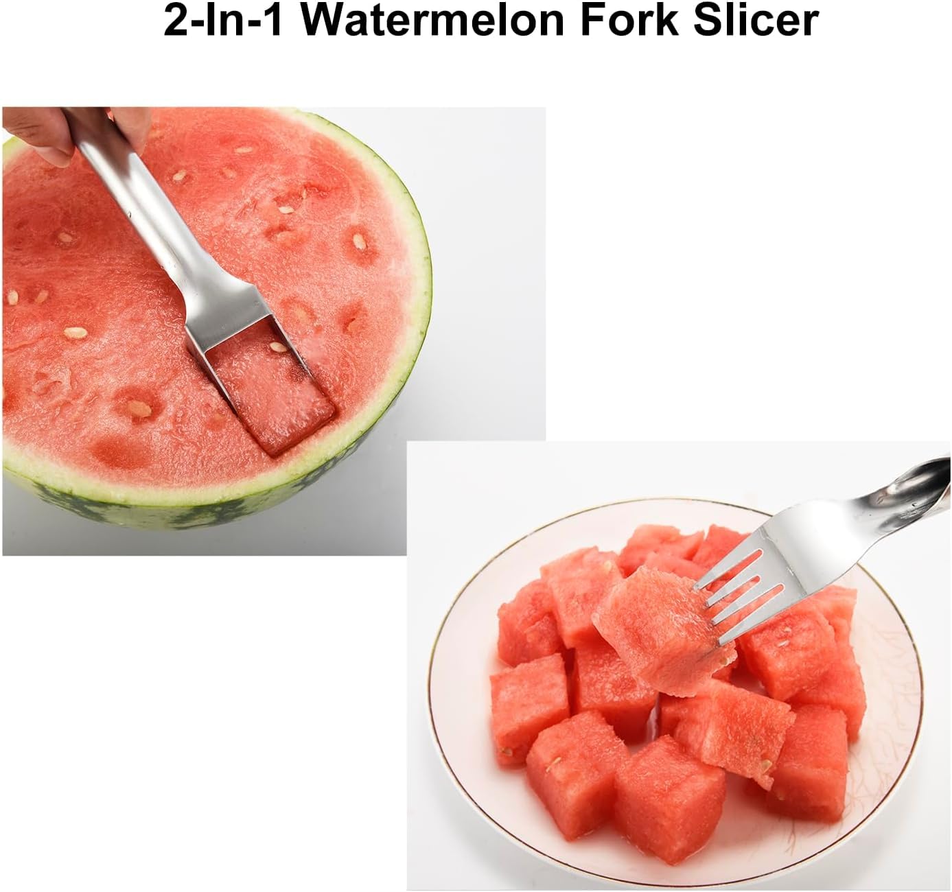 2Pcs Watermelon Fork Slicer Cutter, Stainless Steel 2-in-1 Watermelon Fork Slicer, Portable Tool for Home Party Camping Kitchen Gadget
