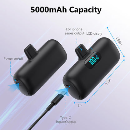 Mini Portable Charger for iPhone,Upgraded 5000mAh PD Fast Charging Battery Pack,LCD Display Cute Power Bank Portable Phone Charger for iPhone 14/14 Pro Max/13/13 Pro/12 Pro/11/XS/XR/X/8/7/6-Black