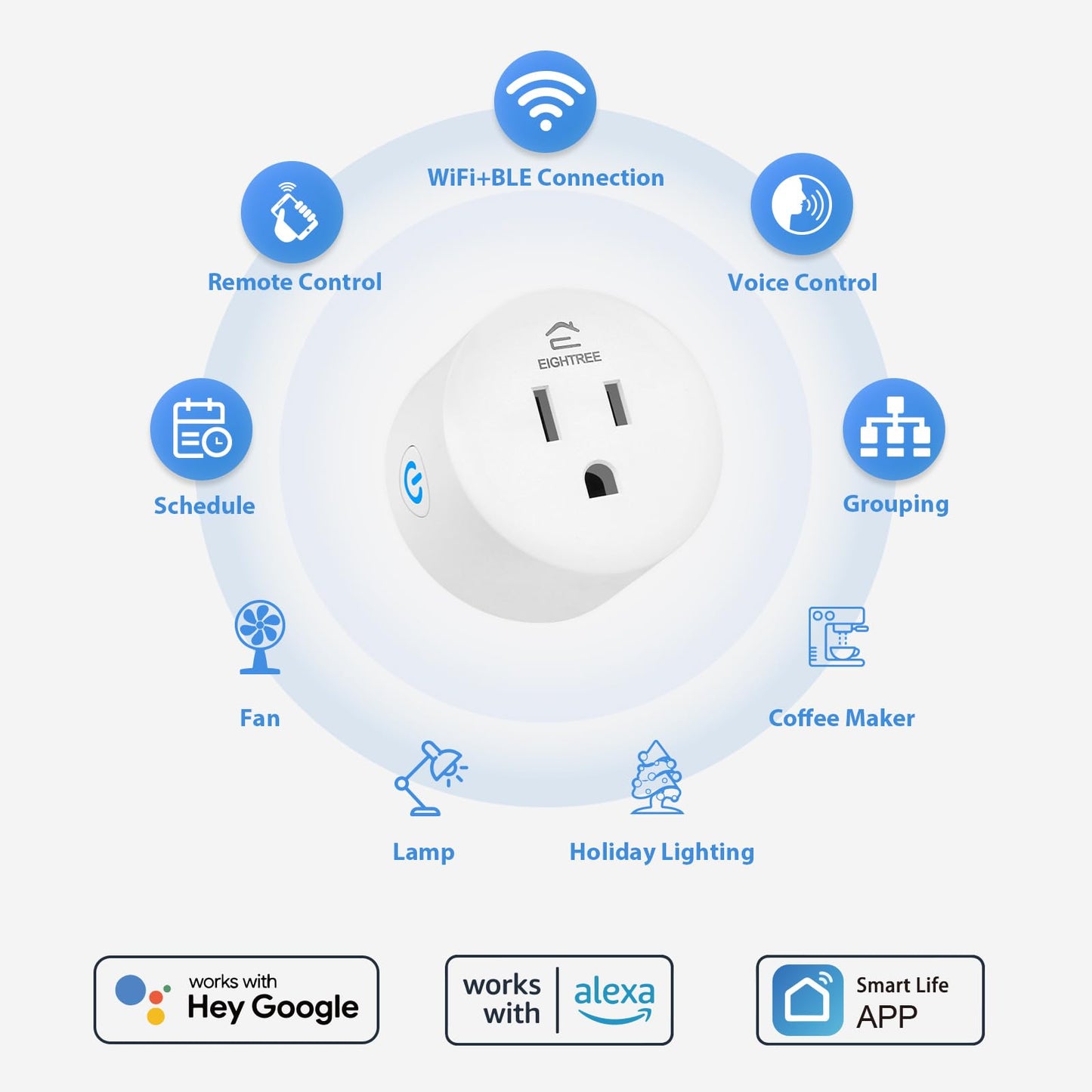 EIGHTREE Smart Plug, Smart Home WiFi Outlet Works with Alexa & Google Home, Smart Socket with Remote Control & Timer Function, 2.4GHz WiFi Only