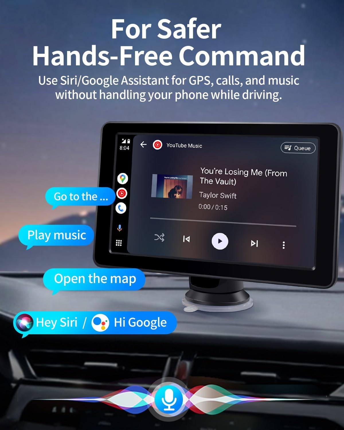 Portable Apple Carplay Screen for Car, 7" HD Car Stereo Touchscreen with Wireless CarPlay & Android Auto, Mirror Link, Bluetooth, Voice Control, Memory Card Playback, AUX - Fits All Vehicles