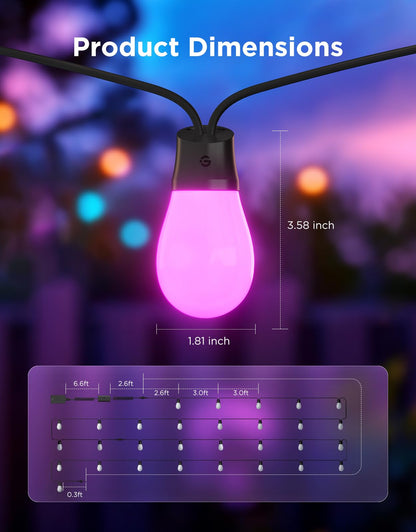 Govee S14 Bulb Outdoor String Lights 2, 96ft Smart RGBIC Warm White Patio Lights with 30 LED Bulbs, 111 Scene Modes for Outdoor Decor, Works with Alexa, Google, Matter, APP Control, IP66 Waterproof