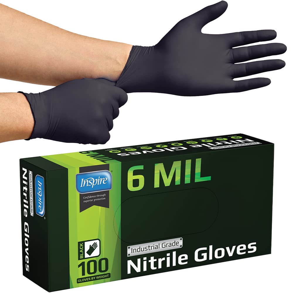 Inspire Black Nitrile Gloves HEAVY DUTY 6 Mil Nitrile Chemical Resistant Medical Cooking Cleaning Disposable Black Gloves (Black Nitrile Box Of 100, Medium)