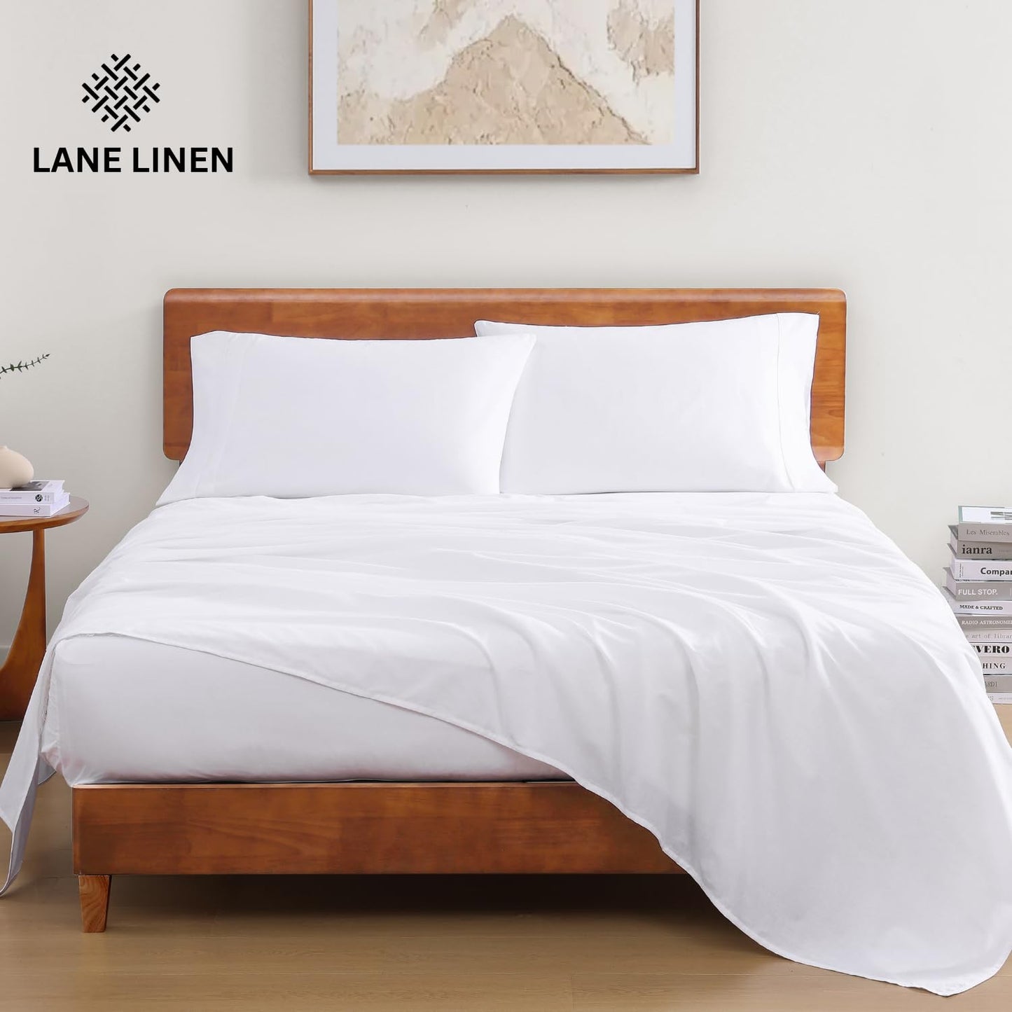 LANE LINEN 100% Organic Cotton Queen Sheet Set, 4Pc Cotton Sheets Queen Size Bed Set, Soft & Breathable Percale Weave, Deep Pocket Queen Sheets, Hotel-Quality Bed Sheets Queen Size - White Bed Sheets