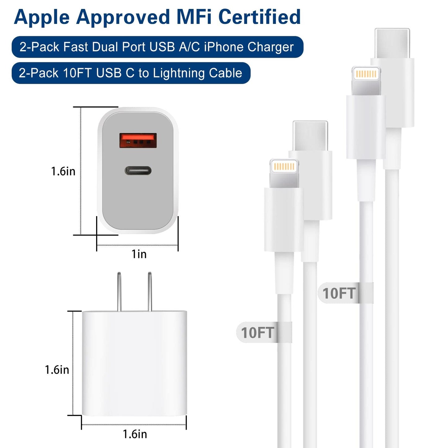 Fast Charger iPhone,Dual Port A/C iPhone Charger Fast Charging Block,2Pack Super Quick Double Apple iPhone Wall Charger Power Adapter 10FT USB C to Lightning Cable for iPhone 14/13/12/11/ProMax/XS/XR