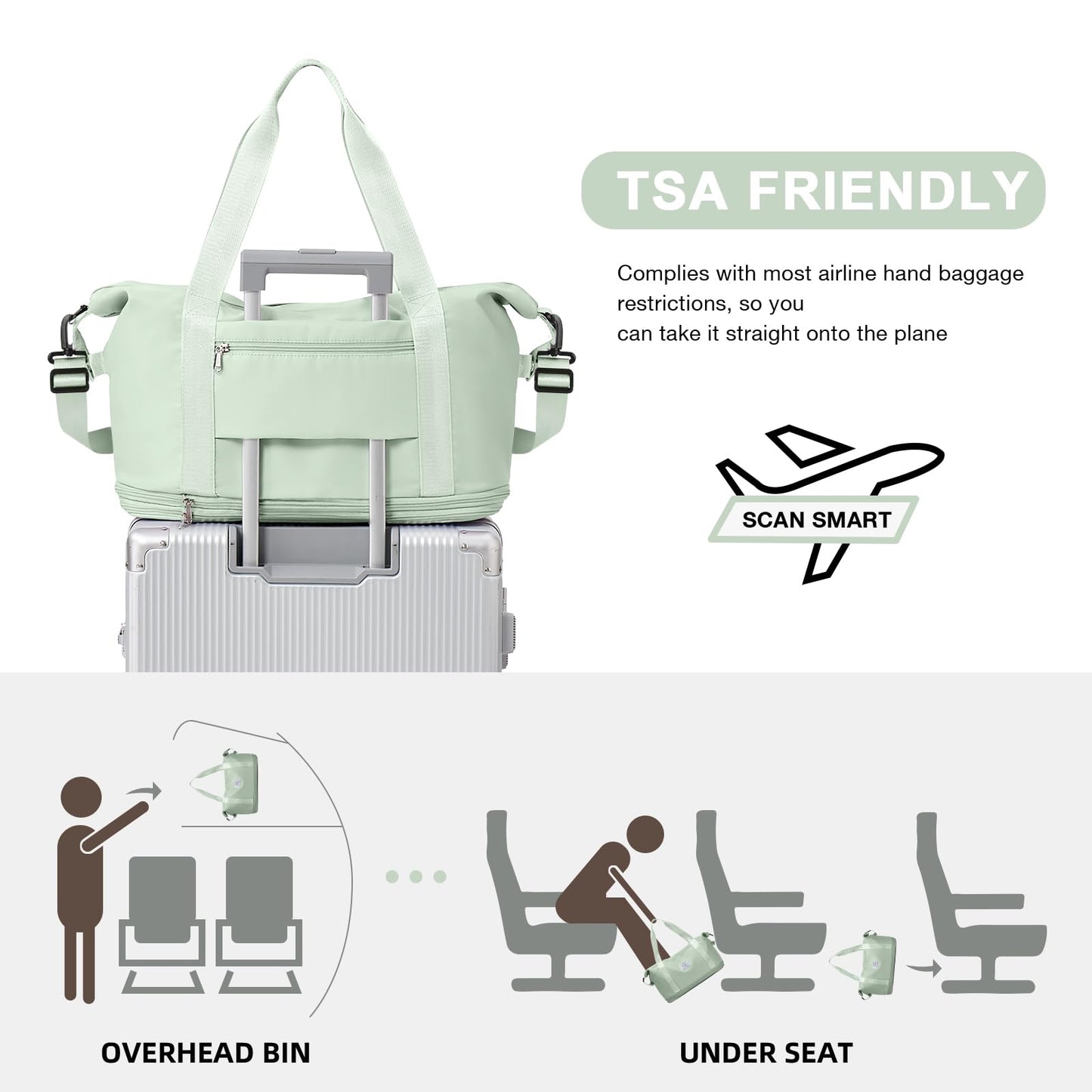 Travel Duffel Bag, Double Expansion Sport Tote Gym Bag, Waterproof Weekender Carry On Overnight Bags for Women Men with Trolley Sleeve Wet Pocket Bag, MintGreen