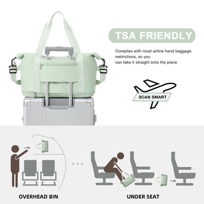 Travel Duffel Bag, Double Expansion Sport Tote Gym Bag, Waterproof Weekender Carry On Overnight Bags for Women Men with Trolley Sleeve Wet Pocket Bag, MintGreen