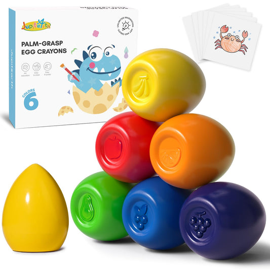 JUPITEARTH 6 Colors Egg Crayons for kids, Palm-Grasp Non Toxic Jumbo Washable Crayons for Kids, Fat Brain Toys for Art Supplies and Perfect Gifts for Boys and Girls