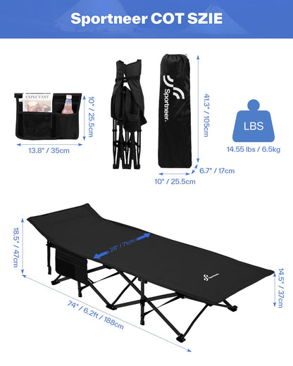 Sportneer Camping Cot: 1200D Double Layer Oxford Foldable Camping Cots for Adults - Heavy Duty Cots for Camping Travel Tent Day Outdoor & Home Guest, Camping Cots with Carry Bag & 2 Side Pockets