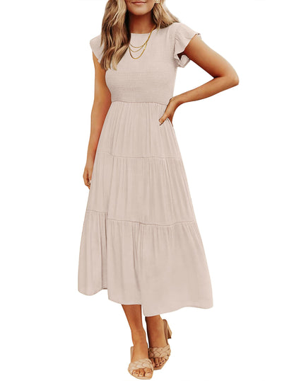 ZESICA Women's 2025 Summer Casual Flutter Short Sleeve Crew Neck Smocked Elastic Waist Tiered Midi Dress,Apricot,X-Small