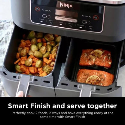 Ninja DZ201 Foodi 8 Quart 6-in-1 DualZone 2-Basket Air Fryer with 2 Independent Frying Baskets, Match Cook & Smart Finish to Roast, Broil, Dehydrate & More for Quick, Easy Meals, Grey