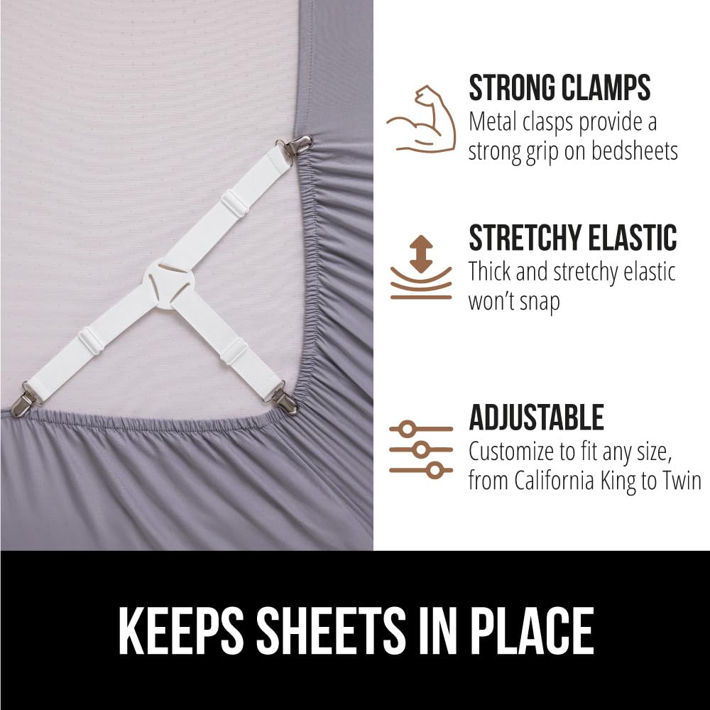 GORILLA GRIP Bed Sheet Straps, Adjustable Elastic Fasteners with Metal Clips, Keep in Place Fitted Bedding Holder, Easy Install Suspenders Mattress, Firm Tight Accessories, 4 Pack White