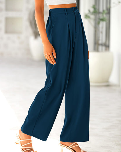 BTFBM Women High Waist Palazzo Pants Casual Wide Leg Trousers Button Down Loose Work Office Business Suit Pant Pockets(Solid Dark Blue, Small)