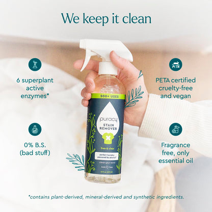 Puracy Stain Remover, Travel and Laundry Stain Cleaner for Clothes, Baby Essentials, Kids Stains, Oil and Fabric Spot Cleaner, Unscented (Stain Remover Spray, 12 fl oz)