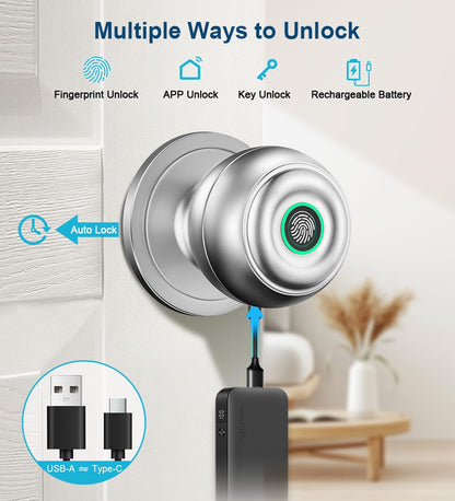 KLLOQUE Fingerprint Door Lock, Smart Fingerprint Door Knob with Lock, Biometric Door Locks with App Control & Key, Keyless Thumbprint Entry Door Locks for Bedroom, Front Door, Home, Apartment-Silver