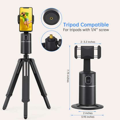 Auto Face Tracking Phone Holder, No App Required, 360° Rotation Face Body Phone Tracking Tripod Smart Shooting Camera Mount for Live Vlog Streaming Video, Rechargeable Battery-Black