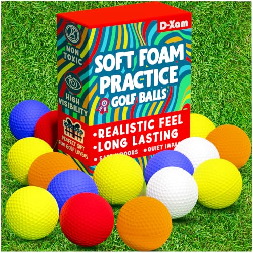 D-Xam Foam Golf Balls Bulk Practice Golf Ball Multicolor 41mm Soft | Long Lasting & Realistic Feel | Limited Flight Use Indoors Outdoors Backyard Training - Golf Accessories