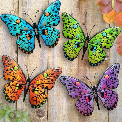 Daogtc Metal Butterfly Wall Decor - 9.6" Outdoor Fence Wall Art Decor, Hanging Decoration for Garden Yard Living Room Bedroom Patio Balcony(4 Pack)