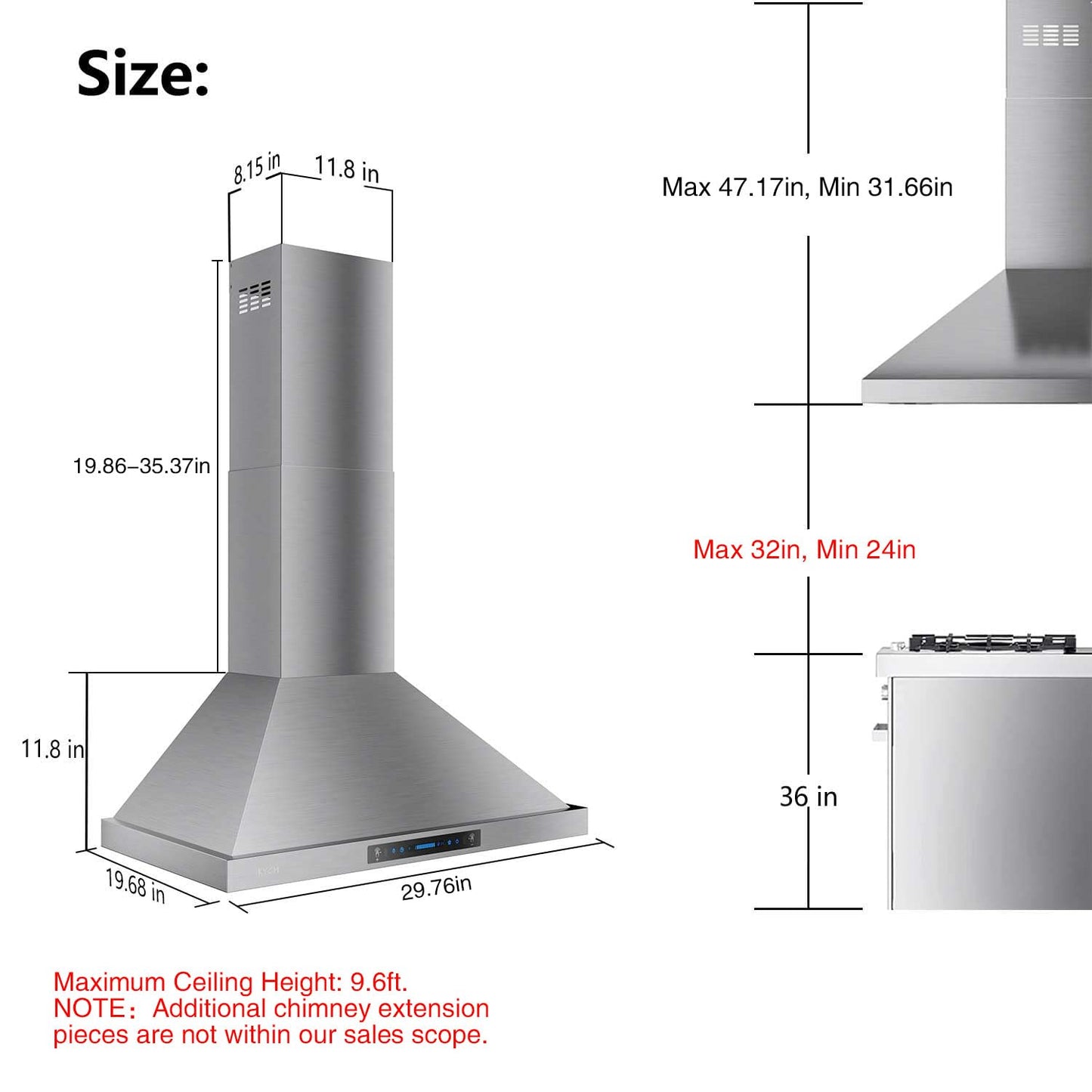 IKTCH 30-inch Wall Mount Range Hood 900 CFM Ducted/Ductless Convertible, Kitchen Chimney Vent Stainless Steel with Gesture Sensing & Touch Control Switch Panel, 2 Pcs Adjustable Lights(IKP02-30'')