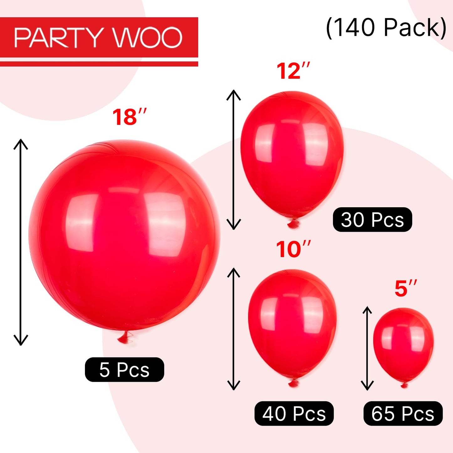 PartyWoo Red Balloons 140 pcs Different Sizes of 18 12 10 5 Inch Red Balloon Arch Kit Garland for Birthday Graduation Bachelorette Citizenship Anniversary Cherry Casino Theme Party Decorations Red-Y57