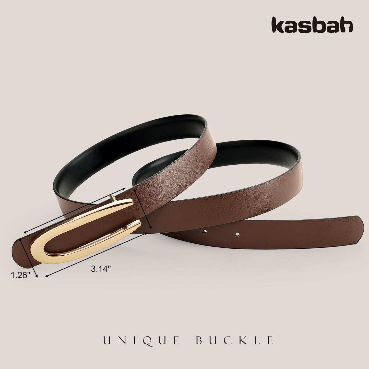 KASBAH Reversible Leather Belts For Women with Gold Buckle Fashion 2-Sided Belt Ladies Waist Belt for Jeans Dresses Pants