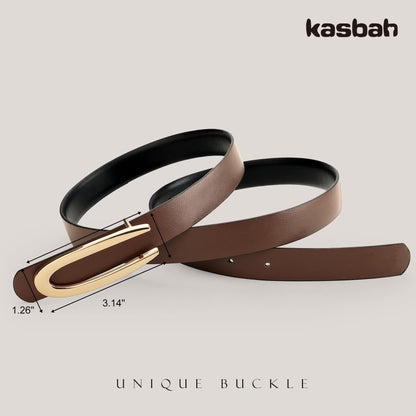 KASBAH Reversible Leather Belts For Women with Gold Buckle Fashion 2-Sided Belt Ladies Waist Belt for Jeans Dresses Pants