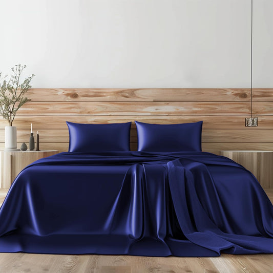 Candoury Satin Sheets Bed Set 4 Pcs, King Size Silky Bedding Set, Soft and Durable Pillowcase, Flat Sheet and Fitted Sheet, Hotel Luxury Bed Sheets Set(King, Navy Blue)