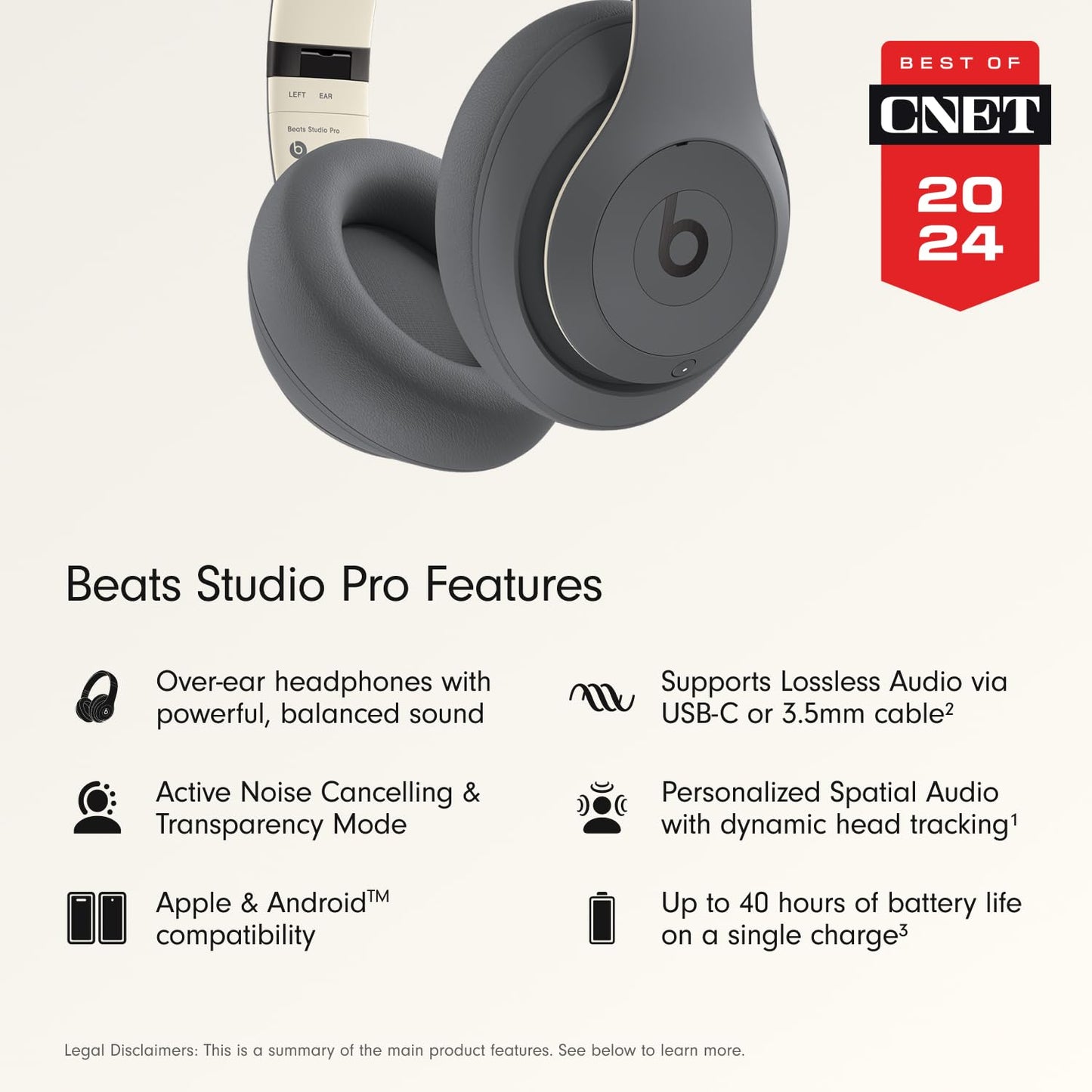 Beats Studio Pro - Premium Wireless Over-Ear Headphones- Up to 40-Hour Battery Life, Active Noise Cancelling, USB-C Lossless Audio, Apple & Android Compatible - Amazon Exclusive Sand Gray